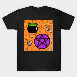 Witchcraft pattern cauldron pentagram and potion T-Shirt